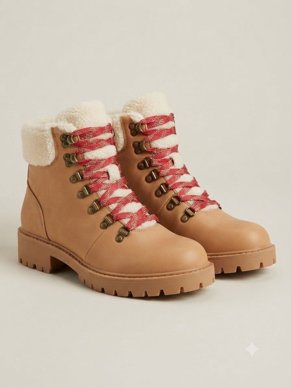 Women’s Tan Faux Shearling Ankle Hiker Boots with Red Laces
